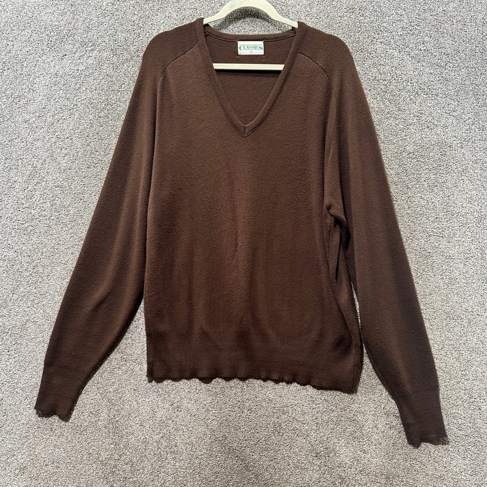 Vintage Classics Sweater Men‎ XL Brown V Neck Long Sleeve 100% Orlon Acrylic